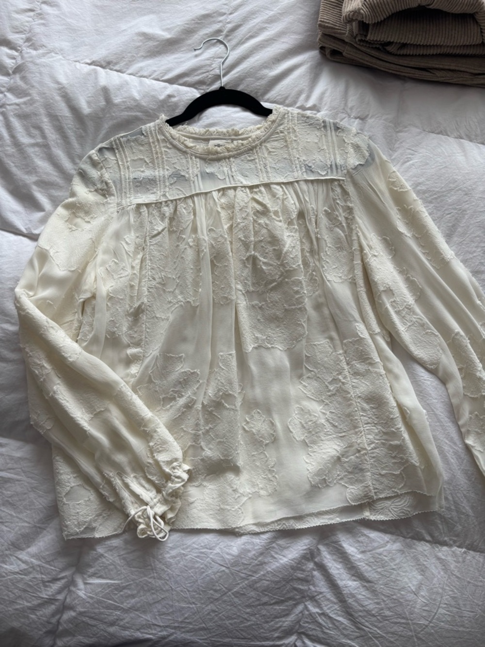 Aritzia Ivory Embroidered Lace Yoke Long-Sleeve Blouse